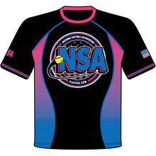 The DSG Apparel National Softball Association NSA VICE Sublimated Short Sleeve Shirt is black with blue and pink accents, features a large NSA logo, softball graphic, and "National Softball Association," plus a US flag patch on the right sleeve.