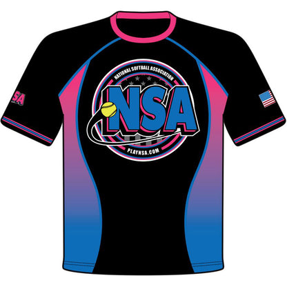 The DSG Apparel National Softball Association NSA VICE Sublimated Short Sleeve Shirt is black with blue and pink accents, features a large NSA logo, softball graphic, and "National Softball Association," plus a US flag patch on the right sleeve.