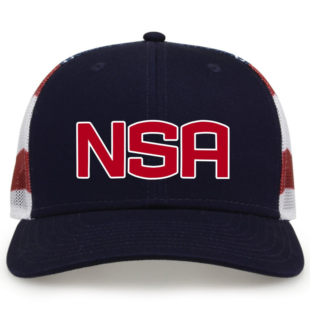 The Game Headwear NSA Classic Series USA Flag Snapback Hat (GB452US) features a navy front, white mesh sides, red stripes, and a bold red NSA logo—ideal for National Softball Association fans.