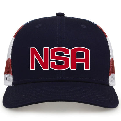 The Game Headwear NSA Classic Series USA Flag Snapback Hat (GB452US) features a navy front, white mesh sides, red stripes, and a bold red NSA logo—ideal for National Softball Association fans.
