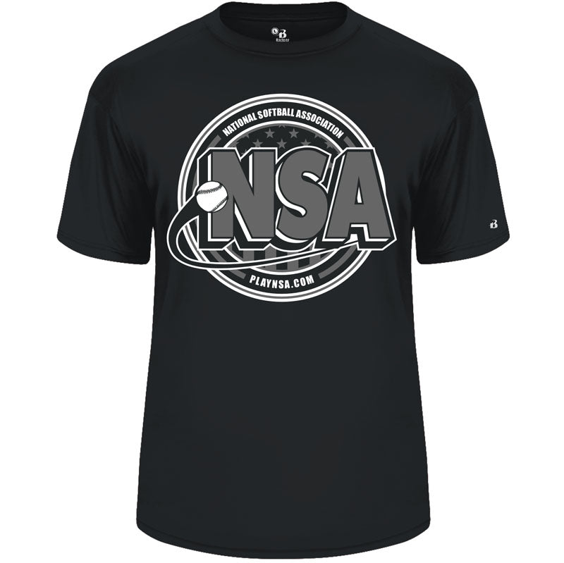 The DSG Apparel National Softball Association NSA Splitter Dry Fit Short Sleeve Shirt features a bold NSA logo with a softball design and “National Softball Association” plus “PLAYNSA.COM” on the front.