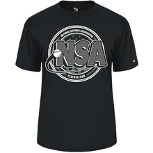 The DSG Apparel National Softball Association NSA Splitter Dry Fit Short Sleeve Shirt features a bold NSA logo with a softball design and “National Softball Association” plus “PLAYNSA.COM” on the front.