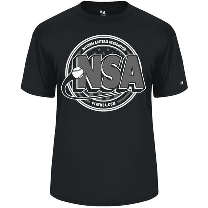 The DSG Apparel National Softball Association NSA Splitter Dry Fit Short Sleeve Shirt features a bold NSA logo with a softball design and “National Softball Association” plus “PLAYNSA.COM” on the front.