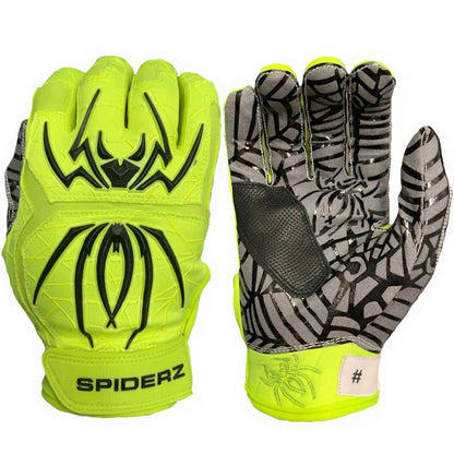 Spiderz HYBRID Adult Batting Gloves by Spiderz in neon yellow feature a black spider design, gray-black web pattern on the palm for maximum grip, and SPIDERZ branding on the wrist.