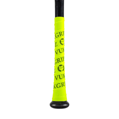 Close-up of a VukGripz Bat Grip Tape handle, featuring bright yellow tape with black VukGripz logos and text for optimum grip.