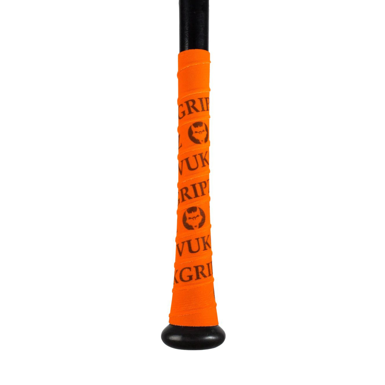 Close-up of a bat handle wrapped with VukGripz Bat Grip Tape by VukGripz in bright orange, featuring black text and a wolf face logo for superior grip.