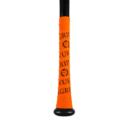 Close-up of a bat handle wrapped with VukGripz Bat Grip Tape by VukGripz in bright orange, featuring black text and a wolf face logo for superior grip.