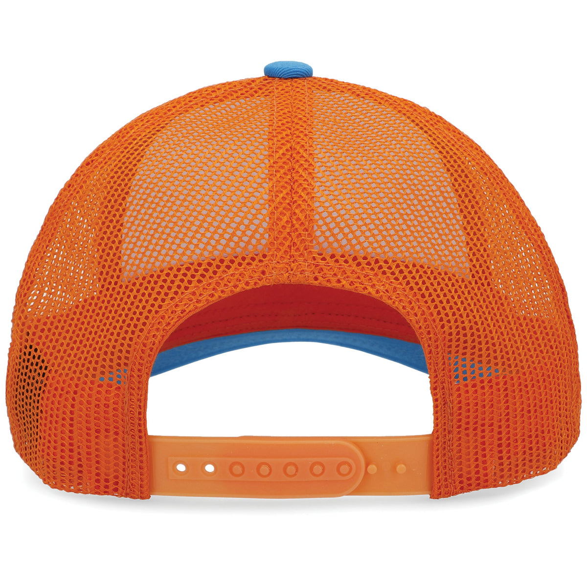 Back view of the Pacific Headwear NSA Outline Series Low-Pro Snapback Hat: P114 in orange mesh, featuring a snapback closure and blue accents—ideal for National Softball Association fans.