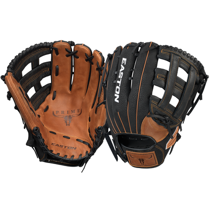 Two Easton Prime 13" Slowpitch Softball Gloves (PSP13) are shown—one with a tan oil-tanned leather palm and black laces, the other featuring a black and tan exterior with the Easton logo and Velcro strap.