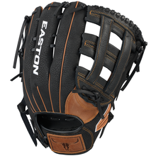 The Easton Prime 13" Slowpitch Softball Glove (PSP13) features a black and brown oil-tanned leather build, white stitching and laces, an open web back, logo patch, and is game-ready for play.