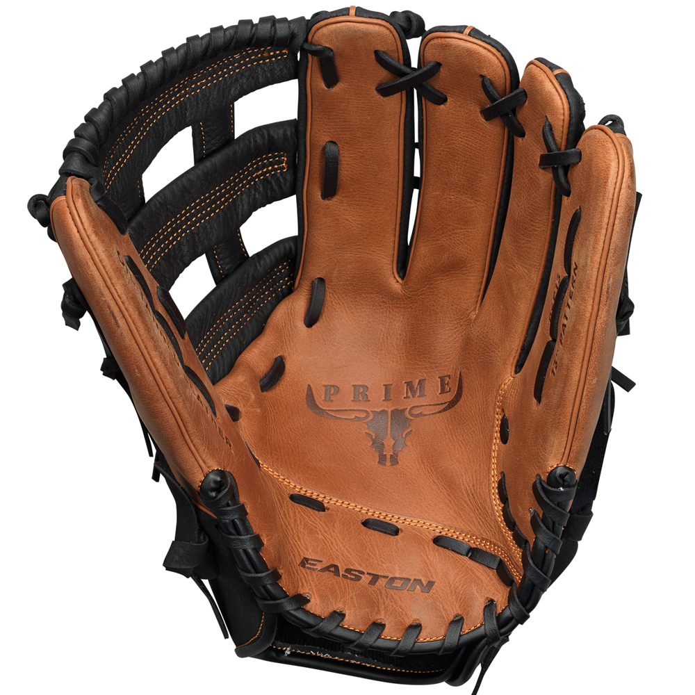The Easton Prime 13" Slowpitch Softball Glove (PSP13) is a game-ready brown glove with black laces, made from oil-tanned leather, featuring "PRIME" stamped on the palm and the Easton logo near the wrist.