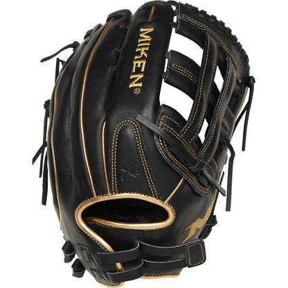 The Miken Gold Limited Edition 14" Slowpitch Glove (PRO140-BG) is a black full-grain leather glove with gold stitching, PORON XRD padding, an open web design, and thumb loop, shown against a white background.