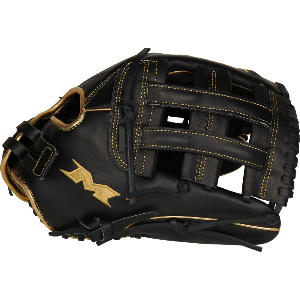 The Miken Gold Limited Edition 13" Slowpitch Glove (PRO130-BG) features black and gold full-grain leather, yellow stitching, a webbed pocket, and PORON XRD palm padding. Shown from a side angle.