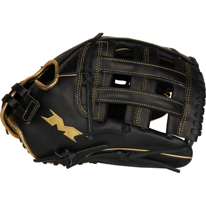 The Miken Gold Limited Edition 14" Slowpitch Glove (PRO140-BG) features black and gold premium full-grain leather, yellow stitching, a lightning bolt logo, open web design, leather laces, and enhanced comfort.