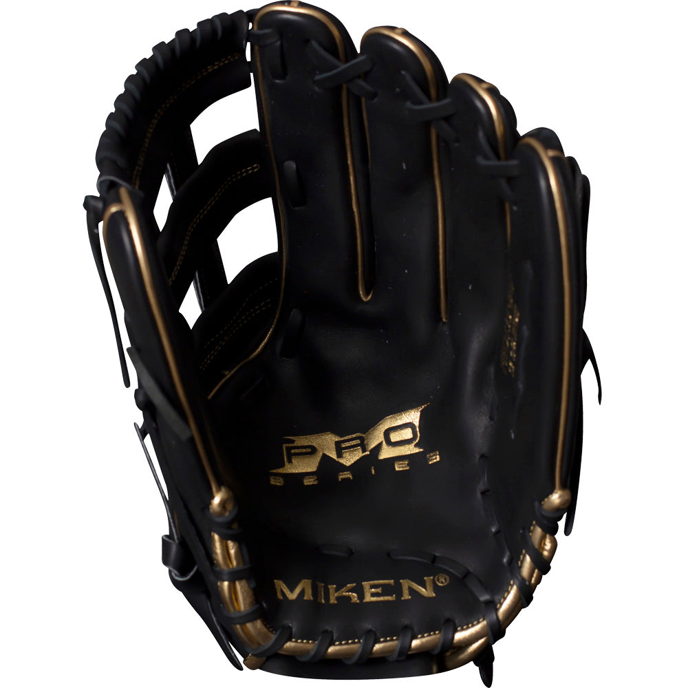 The Miken Gold Limited Edition 13.5" Slowpitch Glove (PRO135-BG) features black full-grain leather, gold PRO SERIES and MIKEN logos, visible stitching, webbing, and PORON XRD palm padding for enhanced protection.