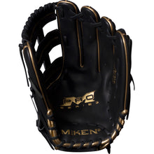 The Miken Gold Limited Edition 13.5" Slowpitch Glove (PRO135-BG) features black full-grain leather, gold PRO SERIES and MIKEN logos, visible stitching, webbing, and PORON XRD palm padding for enhanced protection.