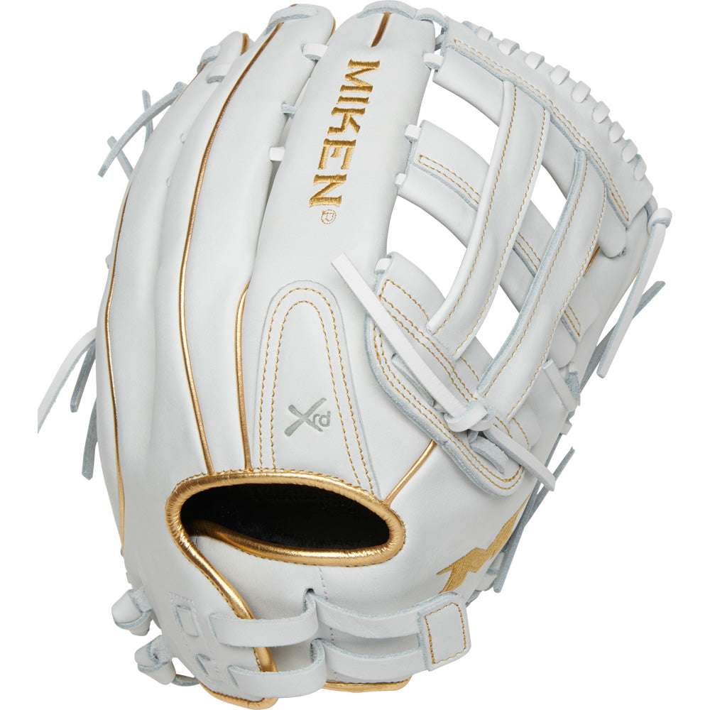 The Miken Gold Limited Edition 14" Slowpitch Glove (PRO140-WG) features premium white and gold full-grain leather, "MIKEN" in gold above the webbing, intricate stitching, and a Pro H Web—ideal for slow pitch softball.