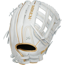 The Miken Gold Limited Edition 14" Slowpitch Glove (PRO140-WG) features premium white and gold full-grain leather, "MIKEN" in gold above the webbing, intricate stitching, and a Pro H Web—ideal for slow pitch softball.