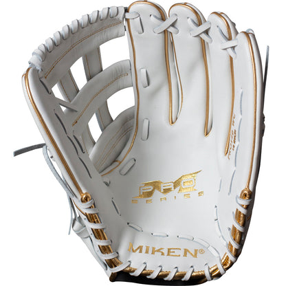 The Miken Gold Limited Edition 14" Slowpitch Glove (PRO140-WG) features white full-grain leather, gold stitching and accents, a Pro H Web design, and "PRO SERIES" and "MIKEN" in gold—ideal for any slow pitch softball collection.