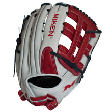 The Miken Pro Series 13.5" Slowpitch Glove (PRO135-WSN) features a white and red full-grain leather build, black laces, a Pro H Web design, and visible stitching—crafted by Miken for slow pitch softball.