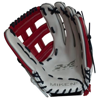 The Miken Pro Series 13" Slowpitch Glove (PRO130-WSN) features a white and red design with black laces, Pro Series and Miken branding on the palm, full-grain leather construction, an open Pro H Web, and visible interior.