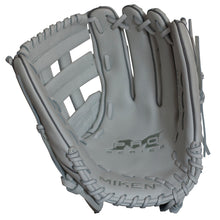 A close-up of the Miken Pro Series 15" Slowpitch Glove (PRO150-WW), made from gray full-grain leather with “PRO SERIES” and “MIKEN” in the palm, PORON XRD padding for protection, and detailed webbing and laces.