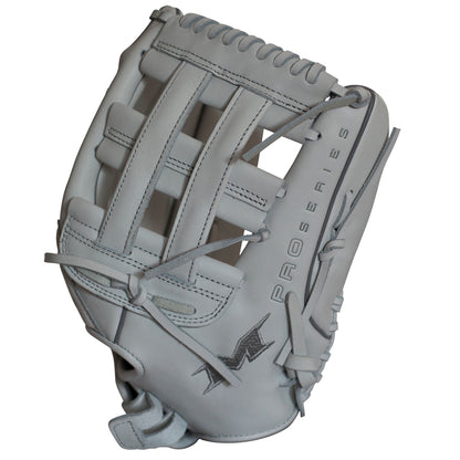 The Miken Pro Series 14" Slowpitch Glove (PRO140-WW) features light gray full-grain leather, a Pro H Web, detailed stitching, and embossed PRO SERIES and M logos—perfect for slow pitch softball.