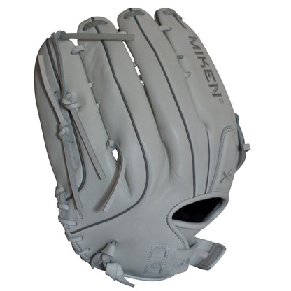 The Miken Pro Series 15" Slowpitch Glove: PRO150-WW is a light gray full-grain leather softball glove with visible stitching and laces, featuring the Miken brand name printed on the back near the fingers.