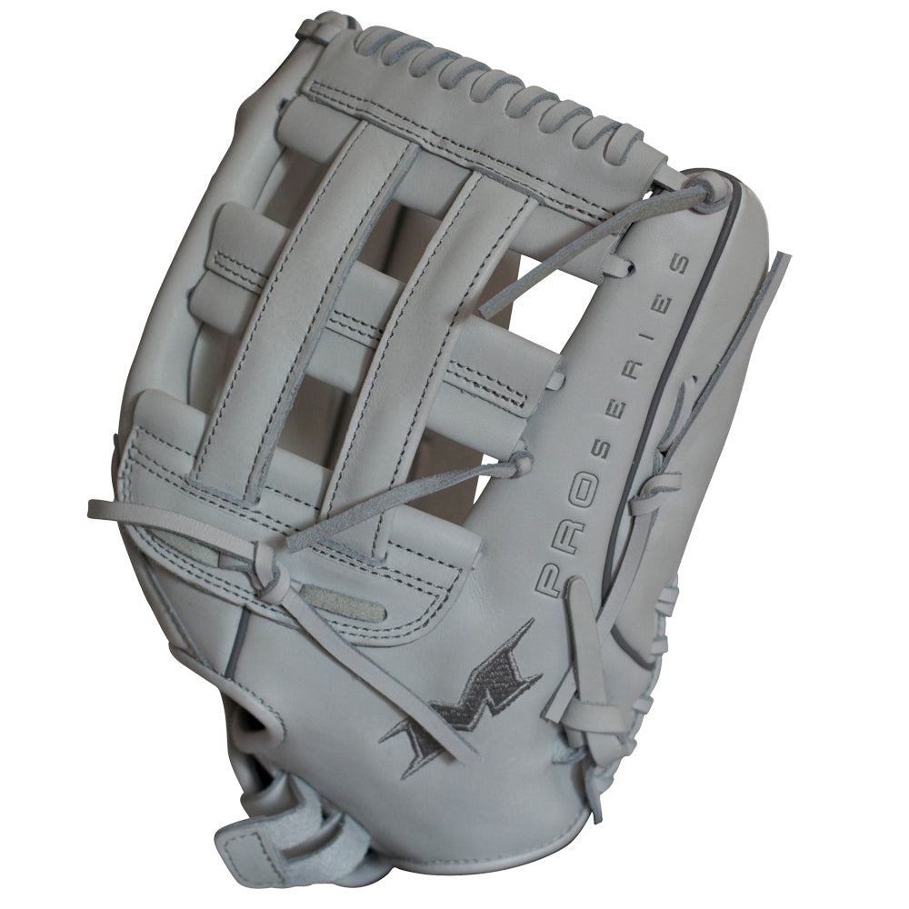The Miken Pro Series 13" Slowpitch Glove (PRO130-WW) features gray full-grain leather, a Pro H Web design, embossed PRO SERIES and M logo—ideal for slow pitch softball.