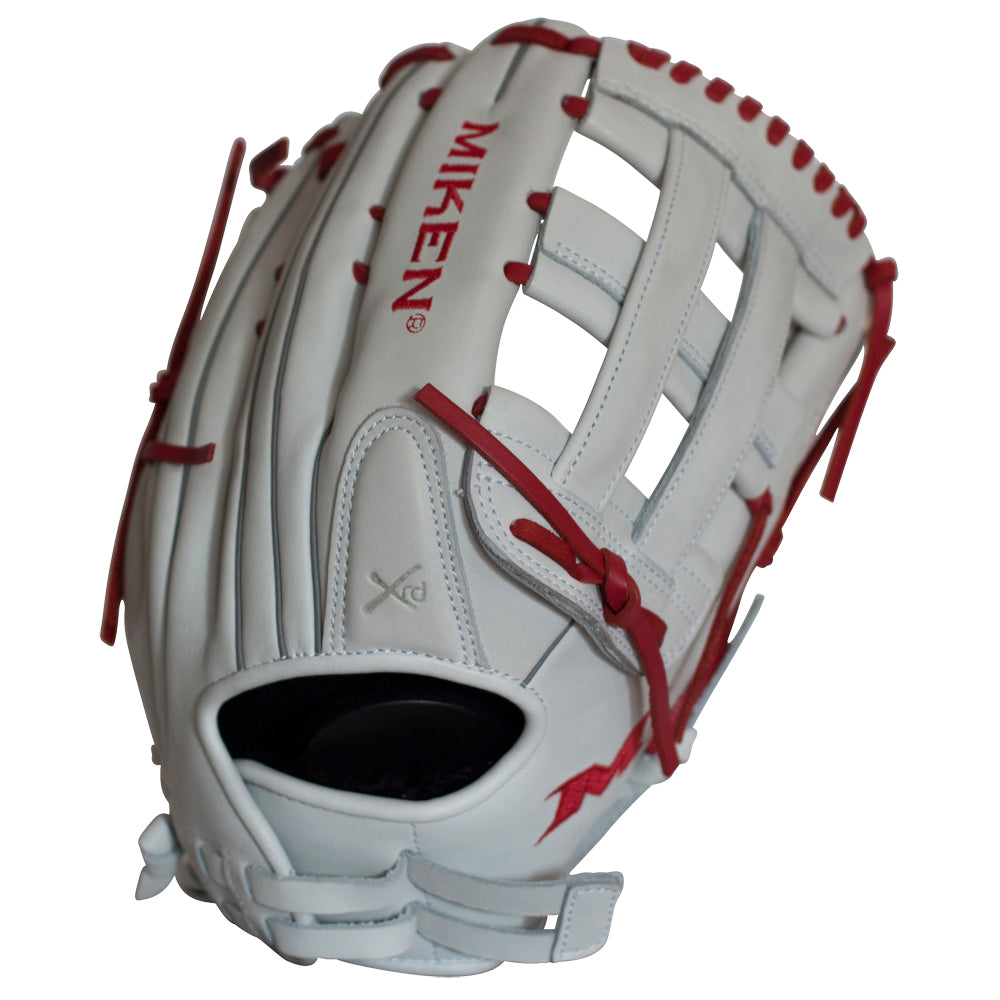 The Miken Pro Series 13.5" Slowpitch Glove (PRO135-WS) features white full-grain leather, red stitching, an H-web design, PORON XRD padding, and a partially open wrist area for enhanced comfort and control.