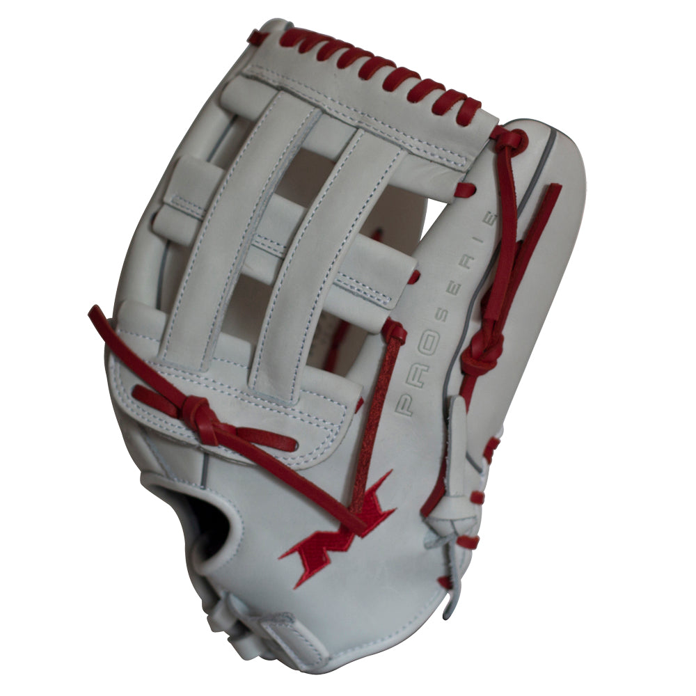 The Miken Pro Series 13.5" Slowpitch Glove (PRO135-WS) features white full-grain leather, red laces and stitching, the "PRO SERIES" embossing, and a red Miken logo near the thumb. The glove is shown upright against a white background.