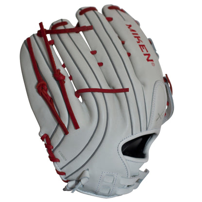 The Miken Pro Series 13.5" Slowpitch Glove (PRO135-WS) is a white full-grain leather glove with red laces, red Miken branding on the back, open design showing PORON XRD padding, detailed stitching, and finger slots.