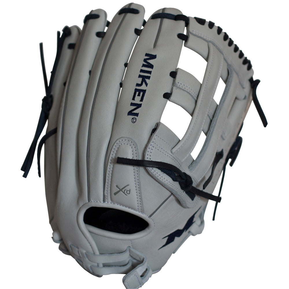The Miken Pro Series 14" Slowpitch Glove (PRO140-WN) is a gray, full-grain leather glove with black laces, featuring an open web design and the Miken brand printed on the palm for excellent durability.