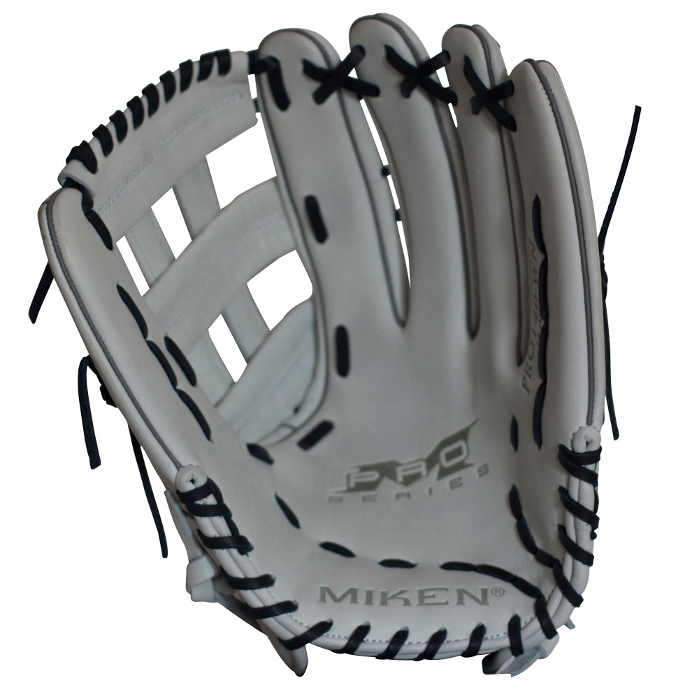 The Miken Pro Series 14" Slowpitch Glove (PRO140-WN) by Miken features a white design with black laces, and is displayed open to show its palm, webbing, and full-grain leather construction.