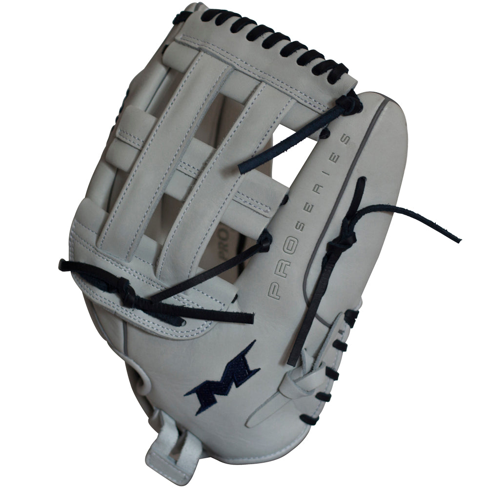 The Miken Pro Series 14" Slowpitch Glove (PRO140-WN) features white full-grain leather, black laces, PRO SERIES on the side, PORON XRD padding for protection, and a black stitched M logo near the thumb.