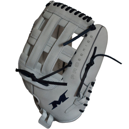 The Miken Pro Series 14" Slowpitch Glove (PRO140-WN) features white full-grain leather, black laces, PRO SERIES on the side, PORON XRD padding for protection, and a black stitched M logo near the thumb.