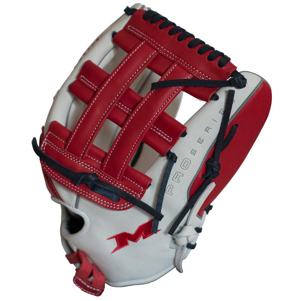 The Miken Pro Series 13" Slowpitch Glove (PRO130-WSN) features a white base, red webbing and accents, black laces, “PRO SERIES” text on the thumb, full-grain leather construction, and a bold red M logo near the thumb.