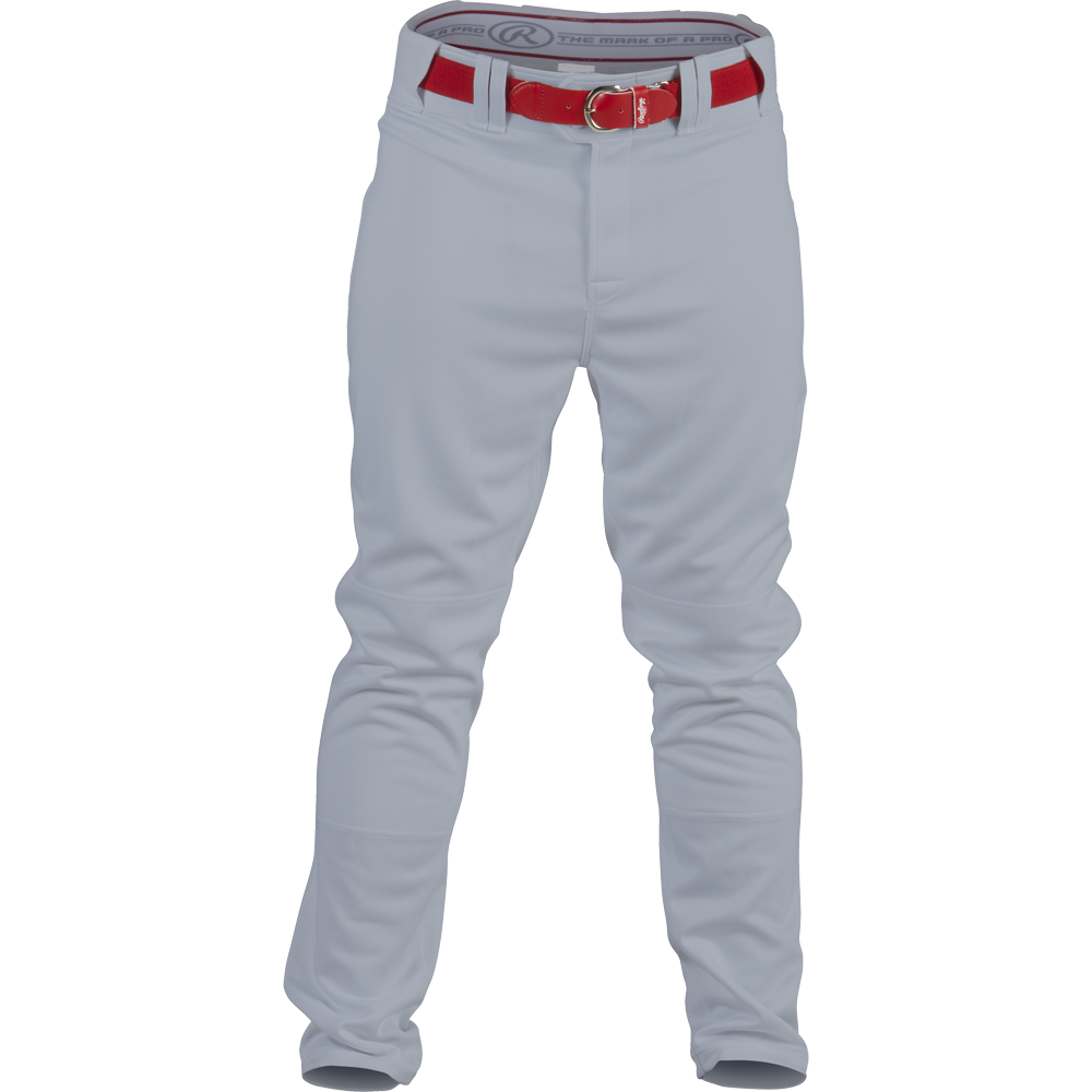 The Rawlings Youth Premium Semi-Relaxed Baseball Pants (YPRO150) feature 100% polyester for a wrinkle-free, semi-relaxed fit in light gray with a red belt. Ideal for sports, these Rawlings pants are displayed on a white background.