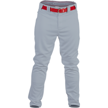 The Rawlings Youth Premium Semi-Relaxed Baseball Pants (YPRO150) feature 100% polyester for a wrinkle-free, semi-relaxed fit in light gray with a red belt. Ideal for sports, these Rawlings pants are displayed on a white background.