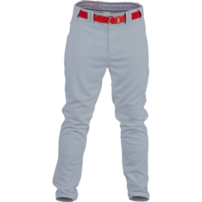 The Rawlings Youth Premium Semi-Relaxed Baseball Pants (YPRO150) feature 100% polyester for a wrinkle-free, semi-relaxed fit in light gray with a red belt. Ideal for sports, these Rawlings pants are displayed on a white background.