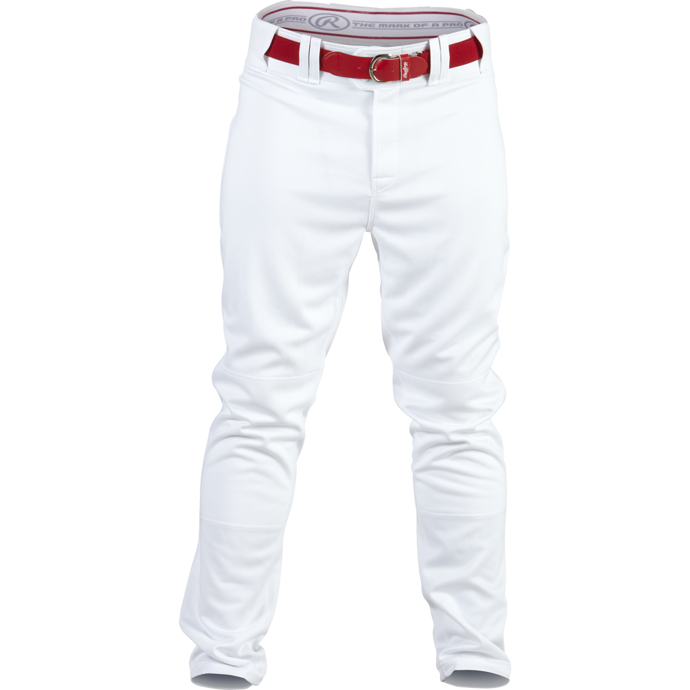 The Rawlings Adult Premium Semi-Relaxed Baseball Pants: PRO150 are shown in white with a red belt, front view. They feature visible belt loops and a gray branded waistband lining. No shoes included.