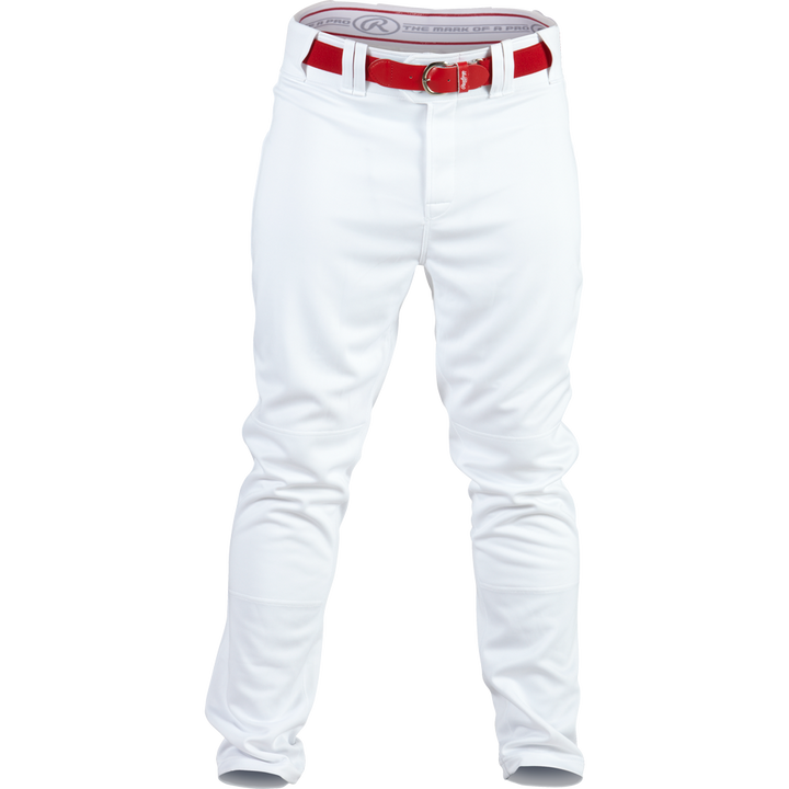 The Rawlings Adult Premium Semi-Relaxed Baseball Pants: PRO150 are shown in white with a red belt, front view. They feature visible belt loops and a gray branded waistband lining. No shoes included.