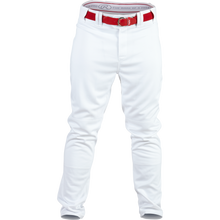 The Rawlings Youth Premium Semi-Relaxed Baseball Pants (YPRO150) are white, made from 100% polyester, and feature a red belt, fitted design, visible stitching, and a semi-relaxed fit. Displayed on a white background.
