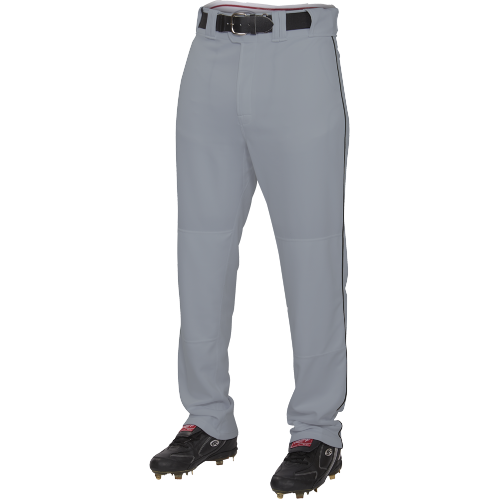 Rawlings Adult Premium Semi-Relaxed Baseball Pants with Piping (PRO150P), made from 100% polyester, paired with black shoes.
