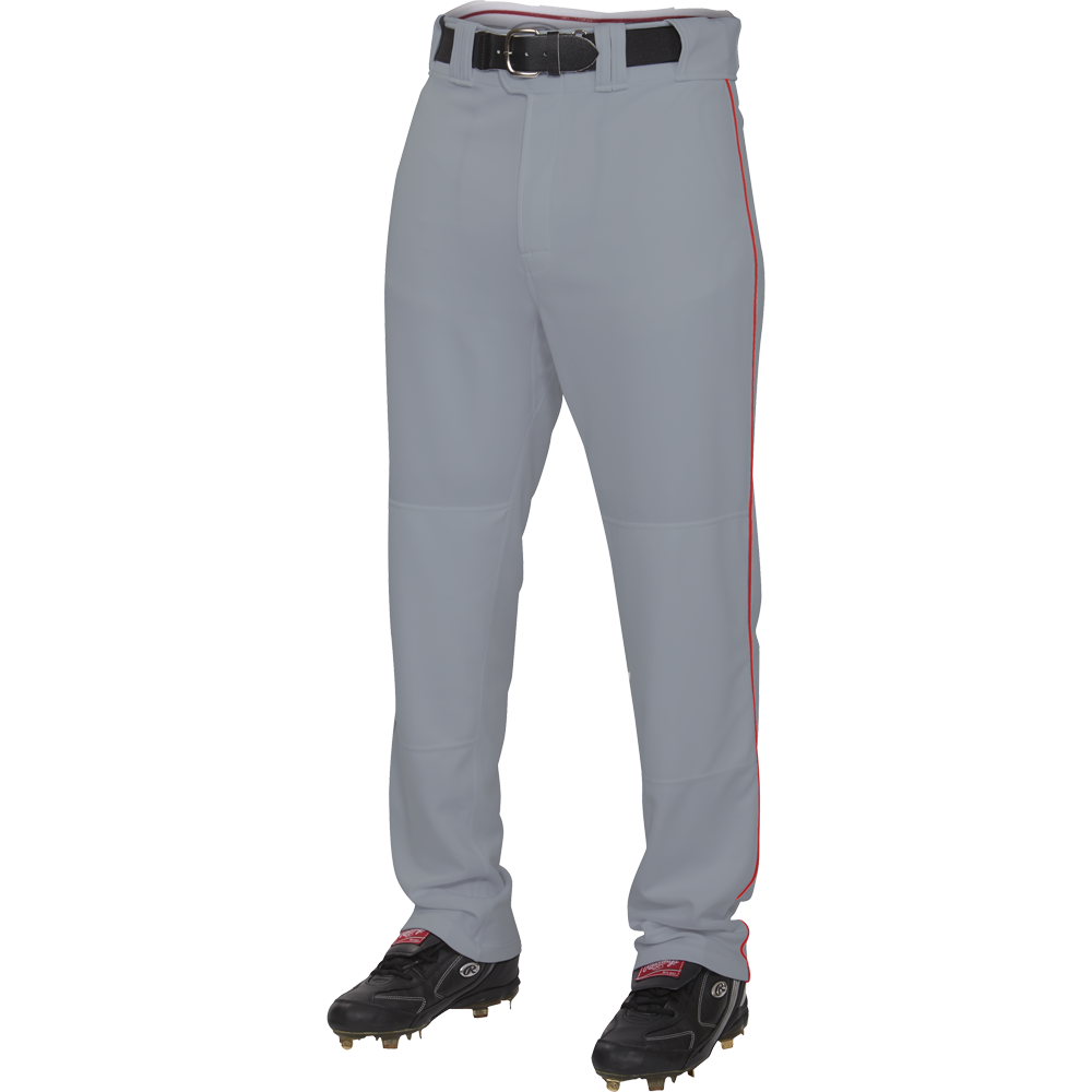 A person wears Rawlings Adult Premium Semi-Relaxed Baseball Pants with Piping (PRO150P) in gray, paired with a black belt and black cleats; only the lower half is visible against a white background.