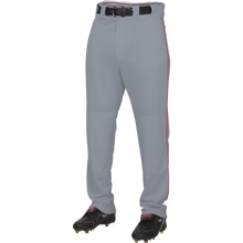 A person wears Rawlings Adult Premium Semi-Relaxed Baseball Pants with Piping (PRO150P) in gray, paired with a black belt and black cleats; only the lower half is visible against a white background.