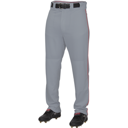 A person wears Rawlings Youth Premium Semi-Relaxed Baseball Pants with Piping (YPRO150P) in light gray, featuring a faint red stripe on each leg, paired with a black belt and cleats. The pants are likely 100% polyester.