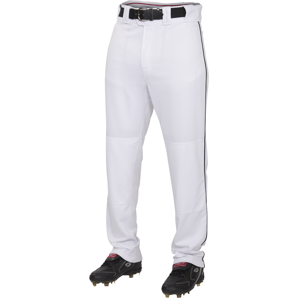 A person wears Rawlings Youth Premium Semi-Relaxed Baseball Pants with black piping (YPRO150P), a black belt, and black cleats, shown from the waist down against a plain white background.