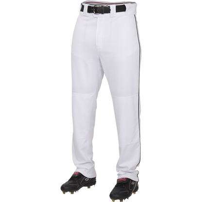 A person wears Rawlings Youth Premium Semi-Relaxed Baseball Pants with black piping (YPRO150P), a black belt, and black cleats, shown from the waist down against a plain white background.
