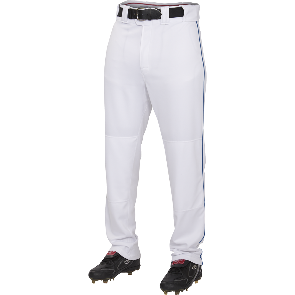 A person wearing Rawlings Adult Premium Semi-Relaxed Baseball Pants with Piping (PRO150P), made from 100% polyester, paired with a black belt and black cleats, stands against a plain white background.